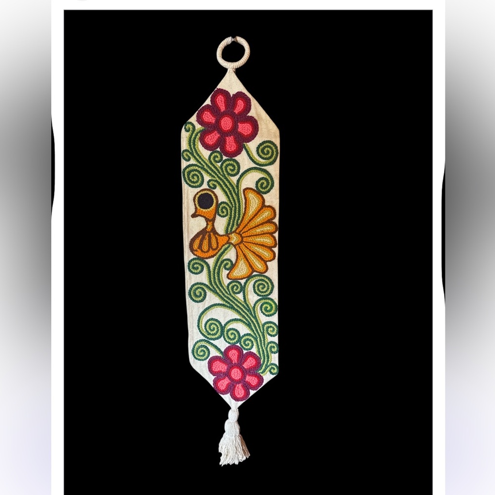 Colorful vintage Mid century Embroidered crewel Wall Hanging